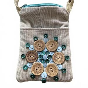CUTE as a BUTTON handmade Boho crossbody embellished tan Bag. Cottage Core